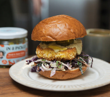 Easy Crispy Tofu Burger with Dill Slaw & Pickles