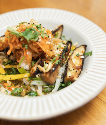 Miso Aubergines with Mango Noodle Salad & Kimchi Dressing