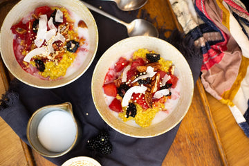 Turmeric & Orange Porridge, with stewed Plum & Blackberries