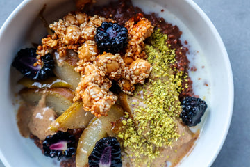 Cacao Millet Porridge with Spiced Pears and Hazelnut and Sesame Brittle