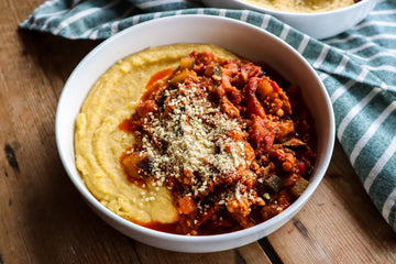 Tempeh and Aubergine Ragu with Cheesy Garlic Polenta