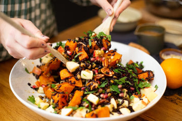 Cinnamon Roasted Sweet Potato, Black Rice Salad with Apple, Pecans & Pomegranate with a Dijon Orange Dressing