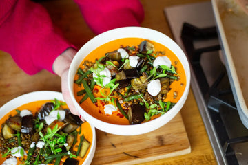 Harissa Coconut Stew with Maple Roasted Aubergine, Green Beans and Lentils