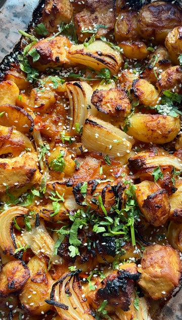 Miso Butter Kimchi Smashed Potato Tray Bake