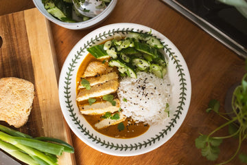 Almond Crust Tofu, Katsu Curry & Smashed Cucumber Salad (Gluten Free & High in Fibre)