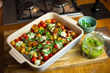 New Potato, Tomato & Lentil Traybake with Pesto Yogurt